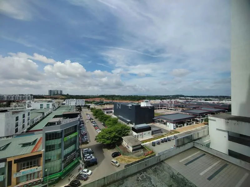 Exterior features: city skyline view, multiple commercial buildings, tree-lined street, parking spaces visible, cloudy sky, urban landscape; style: modern.