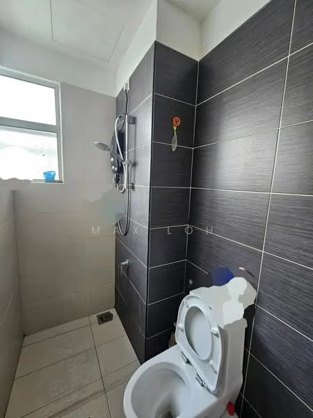 Bathroom features: shower with handheld showerhead, wall-mounted shower control, white toilet, grey tiled walls, white tiled flooring, window for natural light, chrome fixtures; style: modern.
