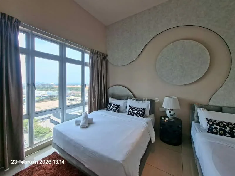 Bedroom features: king-size bed with white bedding, two single beds with white bedding, decorative black and white pillows, large windows with city view, sheer curtains, grey accent wall with circular design, area rug in red, nightstand with lamp, floor-to-ceiling windows; style: modern; view: city.