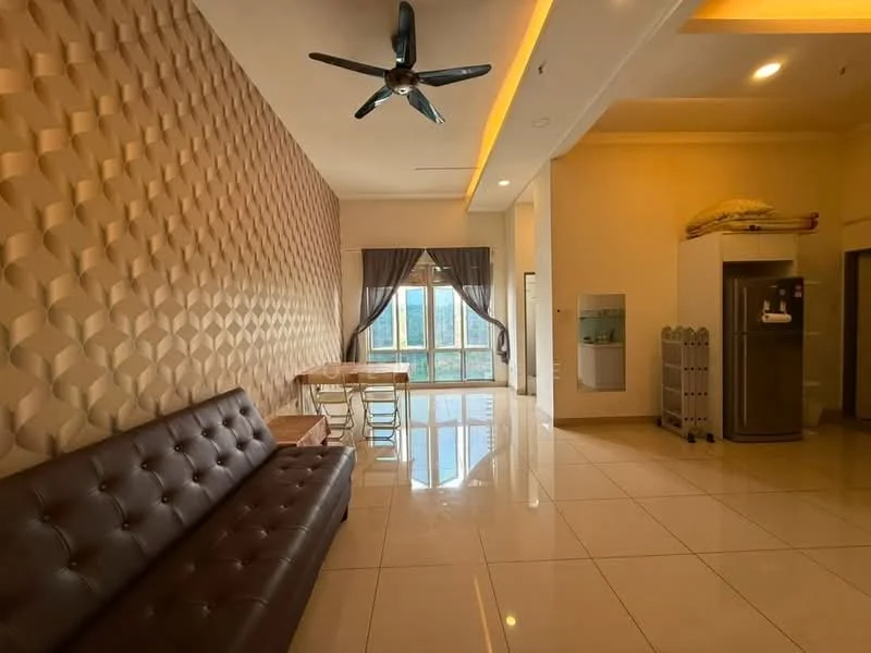 Living features: 3-seater leather sofa in dark brown, geometric textured accent wall in beige, white painted walls, glossy tile flooring, ceiling fan with light, floor-to-ceiling windows, sheer curtains, dining table with chairs, refrigerator, water dispenser, decorative ceiling lighting; style: modern; view: mountain.