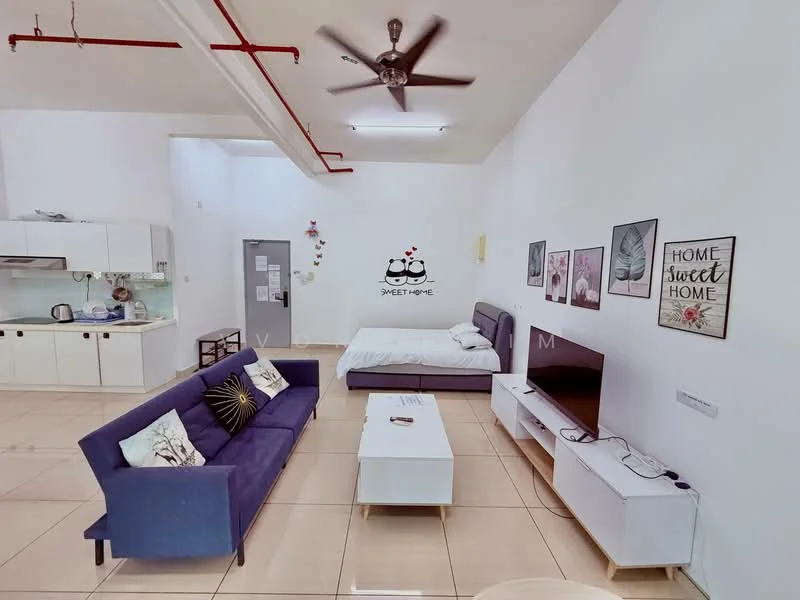 Living features: 3-seater fabric sofa in blue, coffee table, wall-mounted TV, TV console in white, ceiling fan with light, decorative wall art, framed artwork, tile flooring, white painted walls; style: modern. Bedroom features: queen-size bed with white bedding, decorative pillows, bedside table, wall art, white painted walls, tile flooring; style: modern. Kitchen features: white cabinetry, stainless-steel sink, built-in stove, kitchen countertop, tile backsplash, microwave, kettle, tile flooring; style: modern.