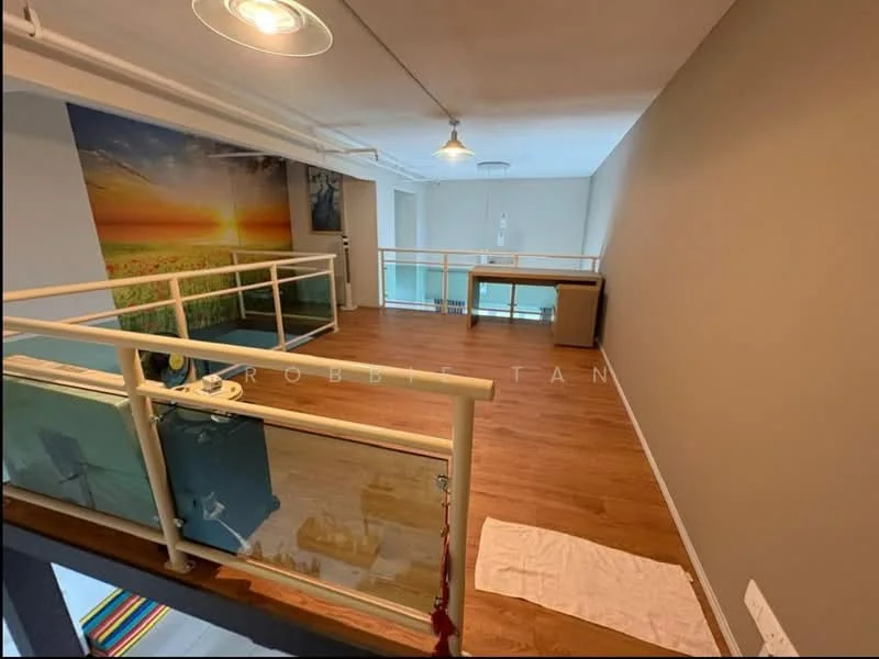 Room features: wooden flooring, glass railing, large windows, wall-mounted light fixtures, painted walls in neutral color, open space layout, decorative wall mural, area rug; style: modern.