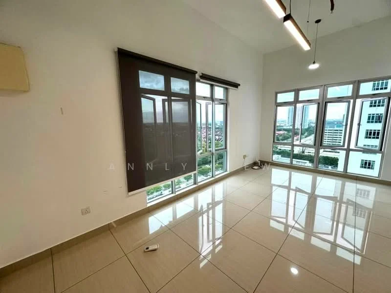 Living features: white painted walls, glossy beige tile flooring, floor-to-ceiling windows, roller blinds, recessed LED downlights, hanging pendant light, city view, air conditioning unit; style: modern; view: city.