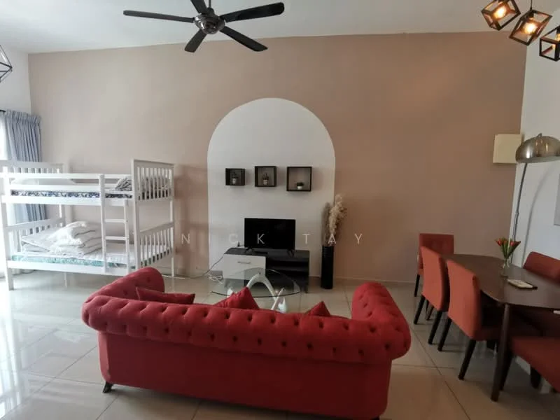 Living features: red tufted fabric sofa, glass coffee table, wall-mounted TV, bunk bed with white bedding, dining table with orange chairs, ceiling fan with light, decorative wall arch, light-colored walls, large windows with sheer curtains, tile flooring; style: modern.