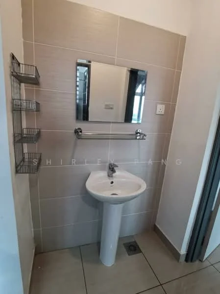 Bathroom features: white pedestal sink, chrome basin mixer faucet, framed mirror, grey tiled walls, light grey floor tiles, wall-mounted towel bar, metal shelving unit, single light switch, exhaust fan, white painted walls; style: modern.