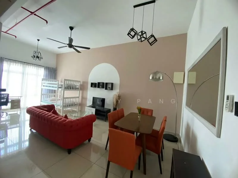Living features: 3-seater red fabric sofa, 2-seater grey fabric sofa, coffee table, TV console, wall-mounted TV, pendant lighting, 5-blade ceiling fan, large windows with sheer curtains, polished tile flooring, decorative wall with archway, dining table with orange upholstered chairs, floor lamp; style: modern.