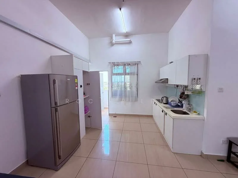 Kitchen features: white cabinetry, stainless-steel fridge, single-bowl stainless-steel sink, chrome pull-down faucet, white countertop, ceramic tile flooring, window with sheer curtains, built-in stove, microwave, kettle, toaster, wall-mounted shelving; style: modern.