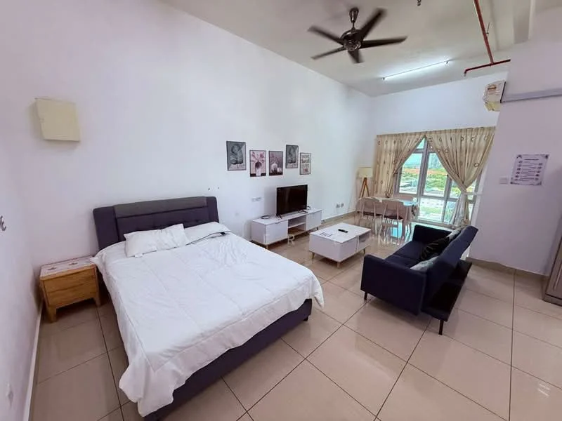 Room features: queen-size bed with white bedding, grey upholstered headboard, 2 bedside tables, wall-mounted TV, white coffee table, black fabric sofa, dining table with 2 chairs, floor-to-ceiling windows, curtains, ceiling fan, tiled flooring, air conditioning unit; style: modern; view: garden.