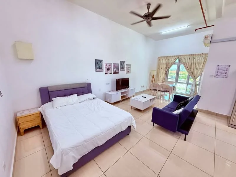 Living features: queen-size bed with grey upholstered headboard, 2-seater fabric sofa in navy blue, white coffee table, TV console, wall-mounted TV, floor-to-ceiling windows, curtains, ceiling fan with light, cream tiled flooring, decorative wall art, dining table with chairs, air conditioning unit; style: modern; view: garden.
