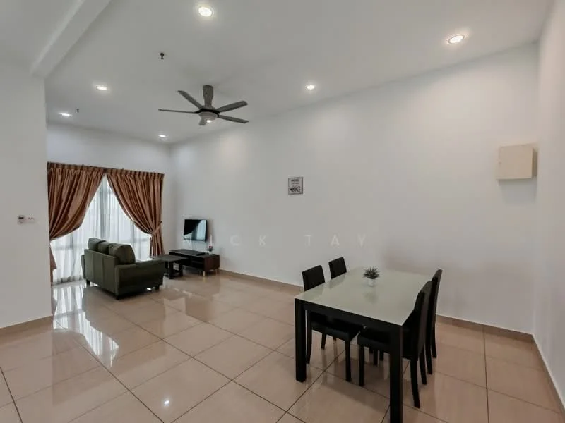 Living features: 5-blade ceiling fan with light, sofa in green fabric, coffee table, TV console, wall-mounted TV, area rug, dining table with 6 chairs, floor-to-ceiling windows with sheer curtains, cream painted walls, glossy tile flooring, recessed downlights; style: modern.