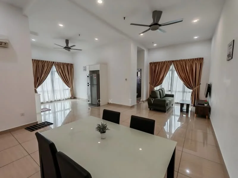 Living features: white painted walls, glossy tile flooring, 5-blade ceiling fan with light, floor-to-ceiling windows, sheer curtains, green fabric sofa, coffee table, wall-mounted TV, TV console, area rug; style: modern. Dining features: dining table for 6, black dining chairs, decorative plant on table; style: modern. Kitchen features: stainless-steel fridge, white cabinetry, countertop space; style: modern.
