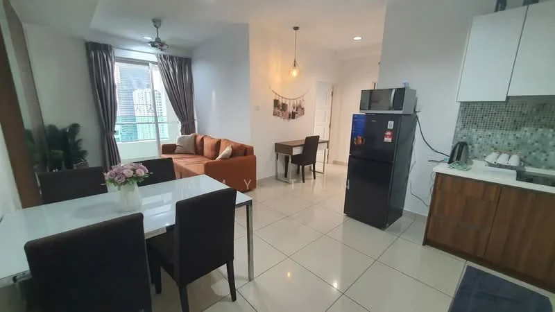 Living features: 3-seater fabric sofa in orange, dining table for 4 with black chairs, floor-to-ceiling windows, curtains in grey, ceiling fan with light, recessed downlights, tile flooring, decorative wall art, potted plant, area rug, wall-mounted TV, kitchenette with wooden cabinetry, stainless-steel fridge, kettle, countertop with mosaic tile backsplash; style: modern; view: city.