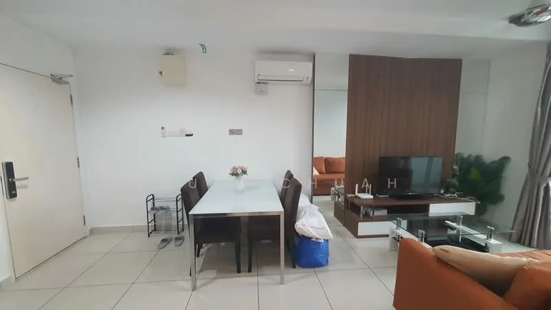 Living features: cream painted walls, tile flooring, 5-blade ceiling fan, wall-mounted split AC, sofa in orange, coffee table with glass top, TV console, wall-mounted TV, dining table with 4 chairs, decorative plant, curtains, mirror on wall; style: modern.