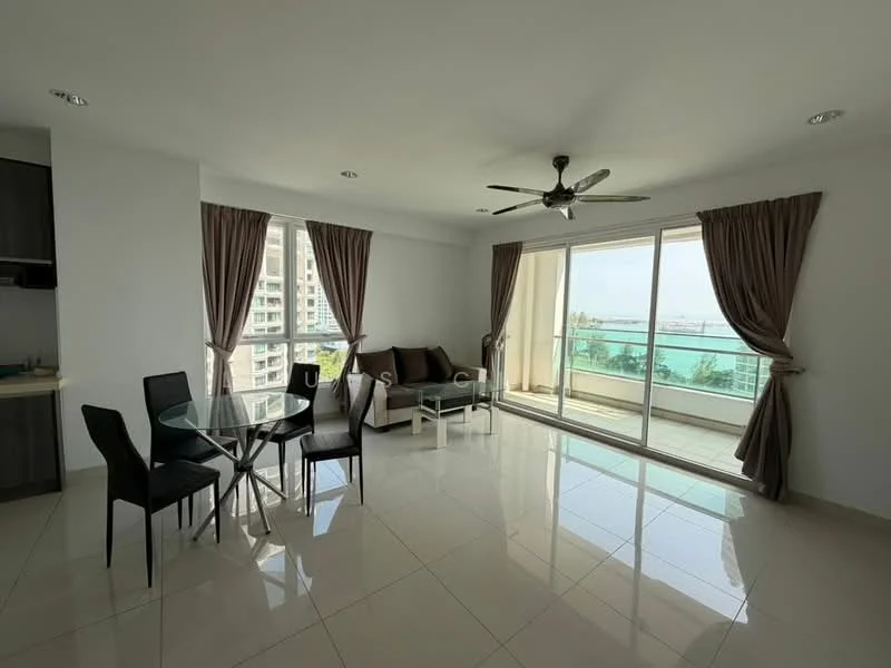 Living features: floor-to-ceiling windows, sliding glass door, grey fabric sofa, glass coffee table, 4 black dining chairs, ceiling fan with light, white painted walls, glossy tile flooring, curtains in beige, view of the sea; style: modern; view: sea.