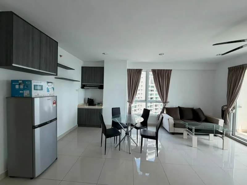 Living features: grey laminate cabinetry, white walls, white tiled flooring, floor-to-ceiling windows, sheer curtains, 3-seater fabric sofa in brown, glass coffee table, round glass dining table, 4 black dining chairs, recessed downlights, ceiling fan; style: modern; view: city. Kitchen features: stainless-steel fridge, built-in microwave, ceramic cooktop, black countertop, open shelving; style: modern.