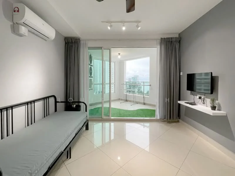 Living features: single bed with grey mattress, floor-to-ceiling windows, sliding glass door, grey painted walls, white ceiling, recessed downlights, ceiling fan, white wall-mounted TV, white floating shelf, air conditioning unit, tile flooring, curtains, green outdoor view; style: modern; view: city.