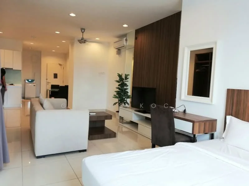 Living features: white painted walls, polished tile flooring, 5-blade ceiling fan with light, sofa in light grey fabric, coffee table, TV console, wall-mounted TV, recessed downlights, mirror on wall, built-in wardrobe, study desk with chair; style: modern. Bedroom features: king-size bed, upholstered headboard, white bedding, bedside lamp, built-in wardrobe; style: modern.