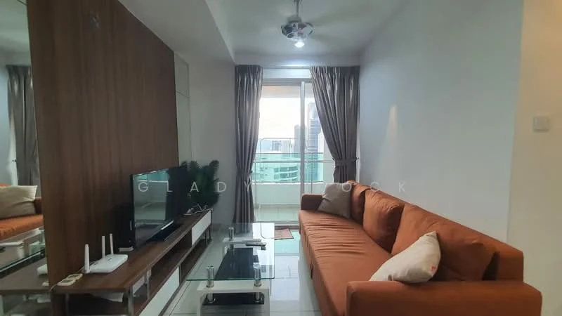 Living features: orange fabric sofa, glass coffee table, TV console, wall-mounted TV, floor-to-ceiling windows, curtains, recessed downlights, wood panel accent wall, decorative plant, white tiled flooring, ceiling fan; style: modern; view: city.