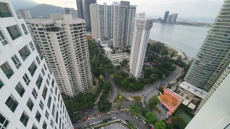 Exterior type: high-rise condominium; features: glass curtain wall, surrounded by mature greenery, city skyline view, waterfront view, curved road, adjacent to water body; style: modern.