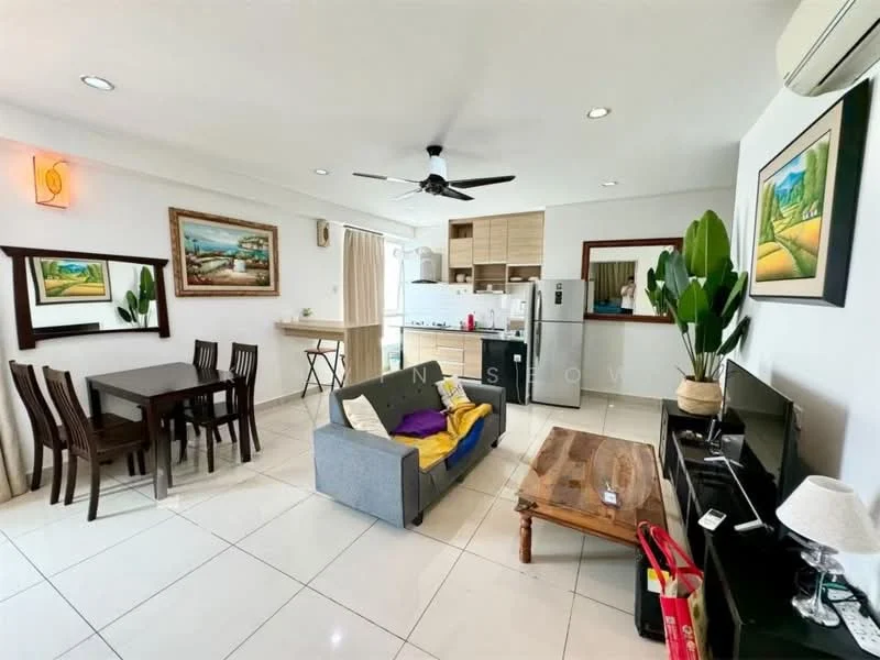 Living features: grey fabric sofa, wooden coffee table, TV console, wall-mounted TV, 5-blade ceiling fan with light, white painted walls, tile flooring, decorative wall art, indoor plants; style: modern. Dining features: 4-seater wooden dining table, wooden dining chairs, wall-mounted mirror, white painted walls, tile flooring; style: modern. Kitchen features: stainless-steel fridge, built-in kitchen cabinets, white countertop, ceramic tile backsplash, microwave, cooking range, sink, tile flooring; style: modern.
