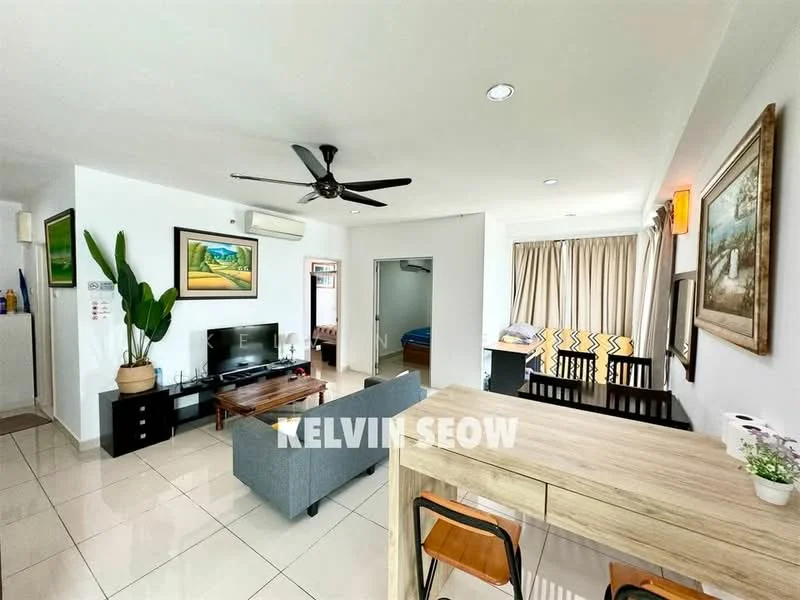 Living features: 3-seater fabric sofa in black, wall-mounted TV, coffee table, ceiling fan with light, floor-to-ceiling windows with sheer curtains, decorative wall art, tile flooring, potted plant, open shelving unit, dining table with chairs; style: modern. Dining features: dining table with wooden top, 4 dining chairs, decorative vase, wall-mounted artwork; style: modern.