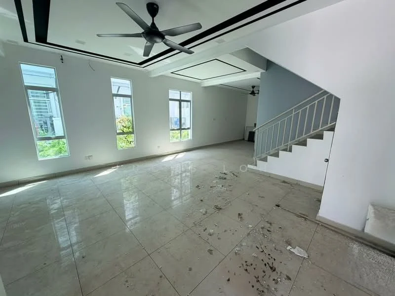 Living features: white painted walls, tray ceiling with recessed lighting, 5-blade ceiling fan, large windows with natural light, marble tile flooring, staircase leading to upper floor, open layout, view of greenery outside; style: modern; view: garden.