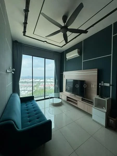 Living features: 3-seater fabric sofa in teal, wall-mounted TV, TV console with storage, coffee table, floor-to-ceiling windows, city view, recessed downlights, ceiling fan, air conditioning unit, light grey walls, white ceiling with decorative trim, glossy tile flooring; style: modern; view: city.