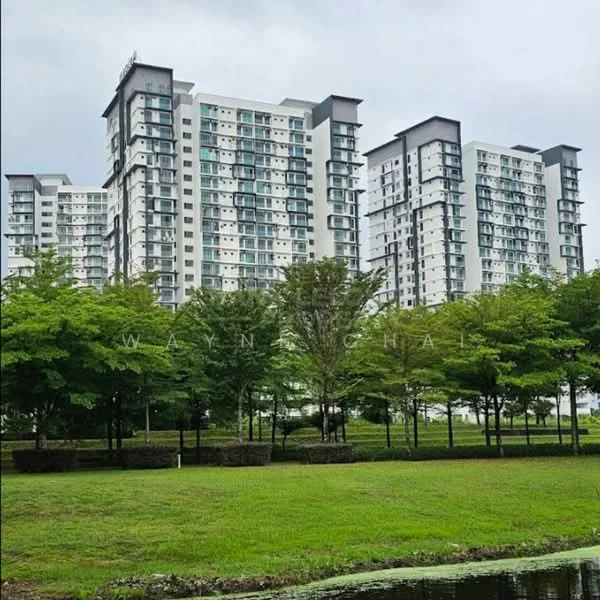 Exterior type: high-rise condominium; features: glass curtain wall, white painted facade, green landscaping with trees, manicured lawn, multiple storeys, balconies on upper floors, surrounded by greenery, pond in foreground; style: modern.