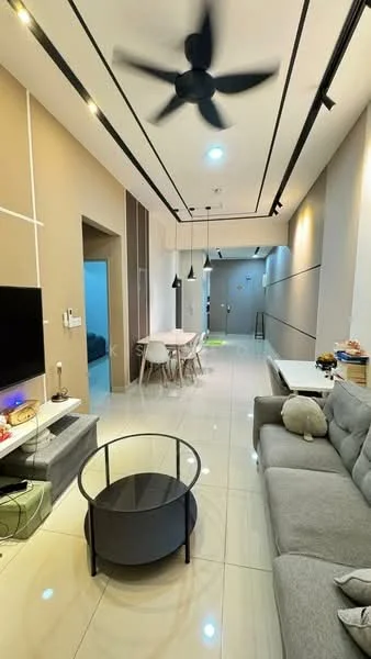 Living features: grey fabric sofa, round black coffee table, wall-mounted TV, TV console, 5-blade ceiling fan, recessed LED downlights, white walls, glossy tile flooring, decorative wall panels, open layout to dining area, dining table with chairs visible in background; style: modern.