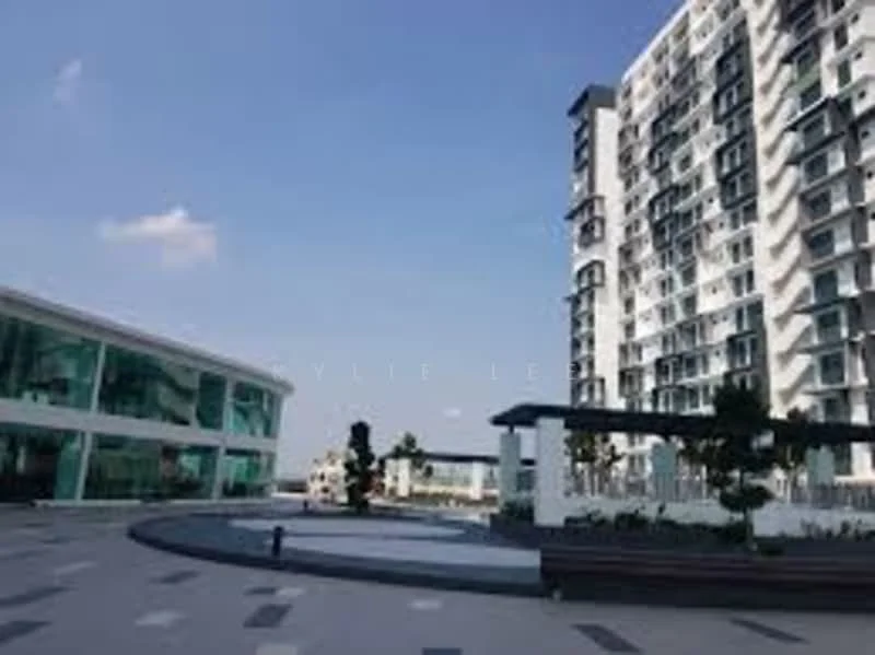 Exterior type: high-rise condominium; features: glass curtain wall, white painted facade, recessed balconies, landscaped garden area, paved walkway, water feature, surrounded by greenery; style: modern.