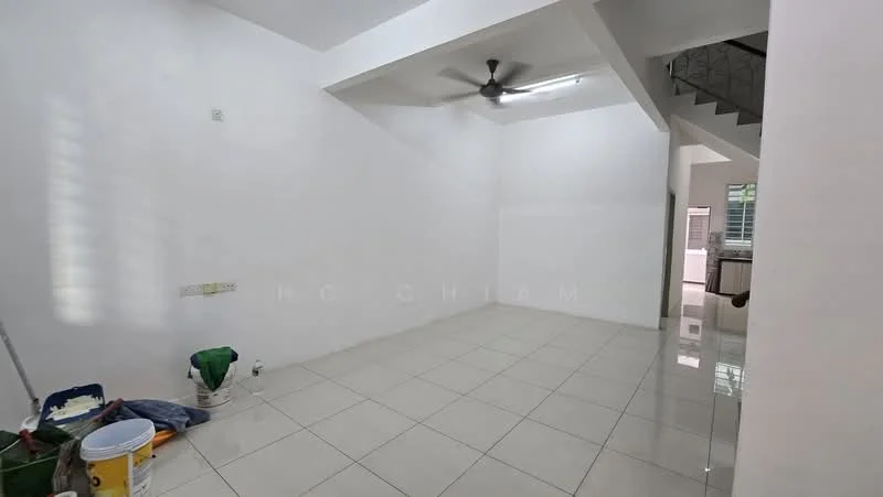 Living features: white painted walls, glossy white tile flooring, 5-blade ceiling fan, recessed lighting, large windows, open layout, no visible furniture, clean and minimal decor; style: modern.