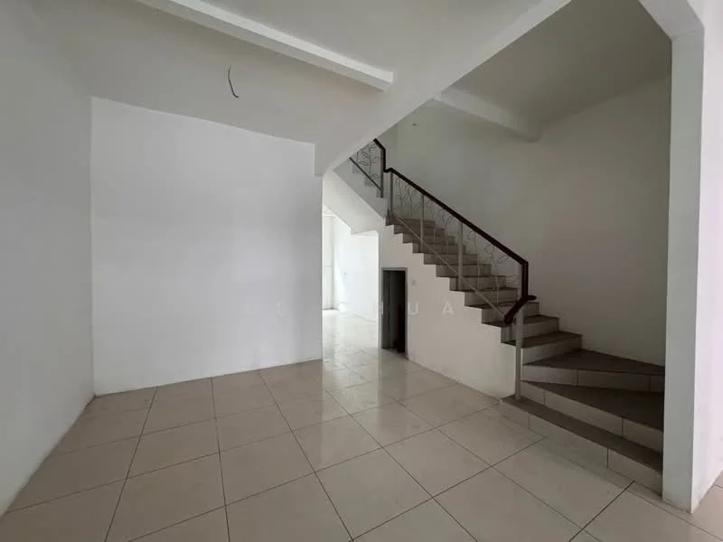 Room features: white painted walls, tile flooring, staircase with metal railing, open layout, natural light from windows, high ceiling, no visible furniture, neutral color scheme; style: modern.