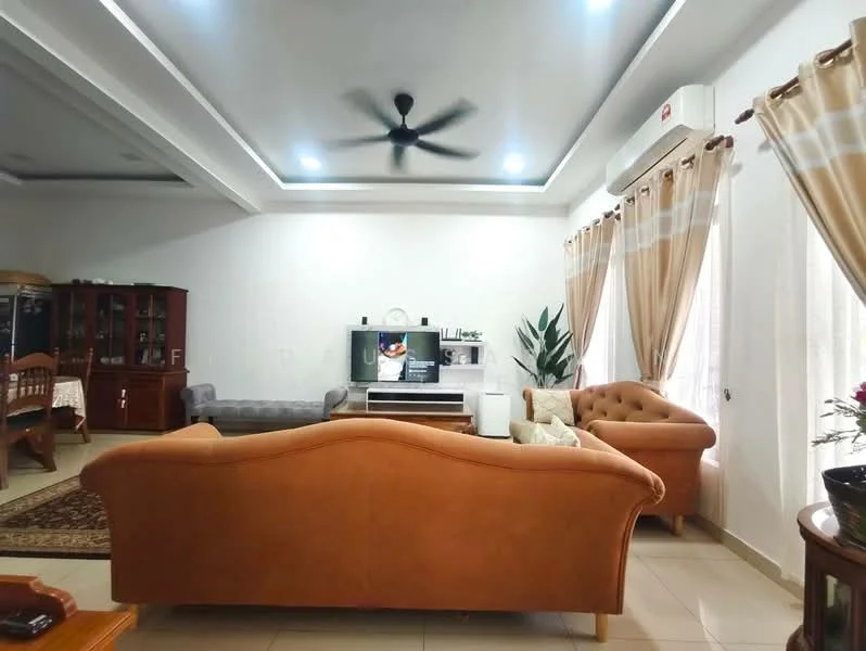Living features: 5-blade ceiling fan with light, recessed downlights, cream painted walls, white sheer curtains, brown leather sofa, beige fabric sofa, wooden coffee table, TV console, wall-mounted TV, area rug with geometric pattern, decorative plant, tile flooring; style: modern.