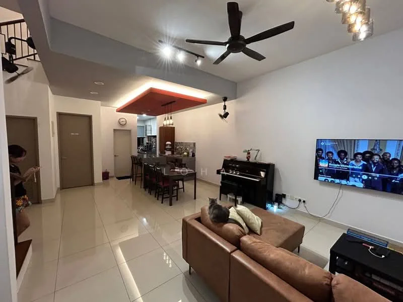 Living features: 3-seater leather sofa in brown, coffee table, wall-mounted TV, ceiling fan with light, recessed downlights, white painted walls, glossy tile flooring, decorative wall art, open layout to dining area; style: modern. Dining features: 6-seater dining table, black dining chairs, pendant lighting above table, kitchen island with bar stools, open layout to living area; style: modern.