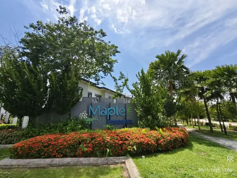 Exterior features: landscaped garden with flowering plants, manicured lawn, signage with the name 'Maple', surrounding trees, clear blue sky, paved pathway; style: modern.