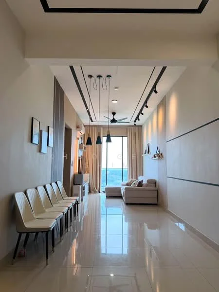 Living features: white painted walls, polished tile flooring, tray ceiling with recessed lighting, 5-blade ceiling fan, track lighting, large floor-to-ceiling windows, sheer curtains, sofa in light color, decorative wall with horizontal stripes, area rug, seating area with white chairs; style: modern; view: city.