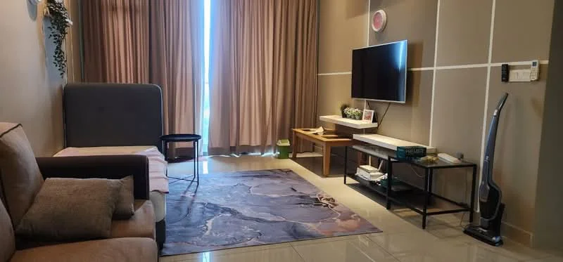 Living features: 3-seater fabric sofa in brown, coffee table, wall-mounted TV, TV console, area rug with abstract pattern, floor-to-ceiling windows, sheer curtains, decorative wall clock, vacuum cleaner, plant in pot, light-colored walls with accent lines, glossy tile flooring; style: modern.