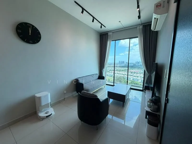Living features: floor-to-ceiling windows, grey fabric sofa, black armchair, white coffee table, wall-mounted clock, recessed downlights, air conditioning unit, ceramic tile flooring, curtains, city view; style: modern; view: city.