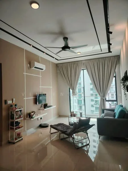 Living features: 5-blade ceiling fan with light, wall-mounted split AC, floor-to-ceiling windows, sheer curtains, light grey painted walls, recessed downlights, polished tile flooring, TV mounted on wall, glass coffee table, grey fabric sofa, decorative plant, open shelving unit; style: modern; view: city.