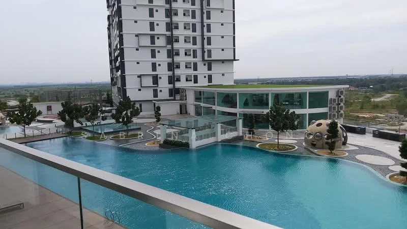 Exterior type: high-rise condominium; features: infinity pool, pool deck with loungers, landscaped garden, glass pavilion, surrounding greenery, children's play area, modern architecture, balconies on building, manicured lawn; style: modern.