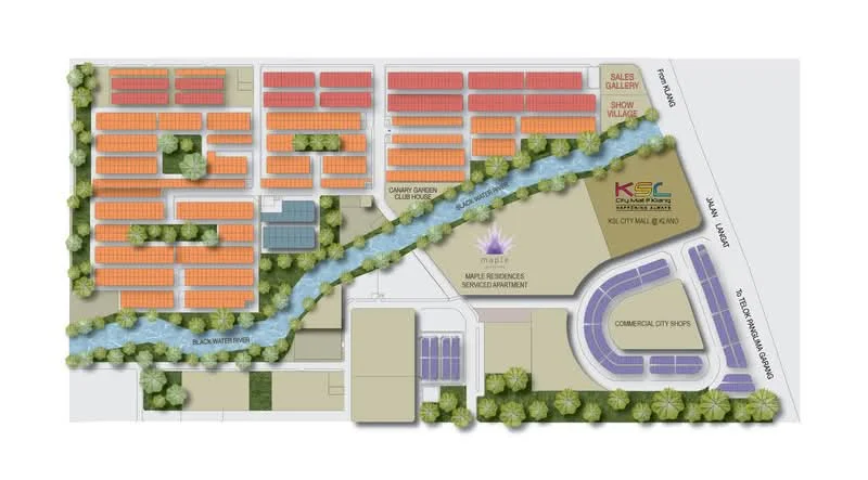 Floor plan: features: layout of residential units, commercial area, sales gallery, show village, landscaped garden, water feature, road access, parking areas.