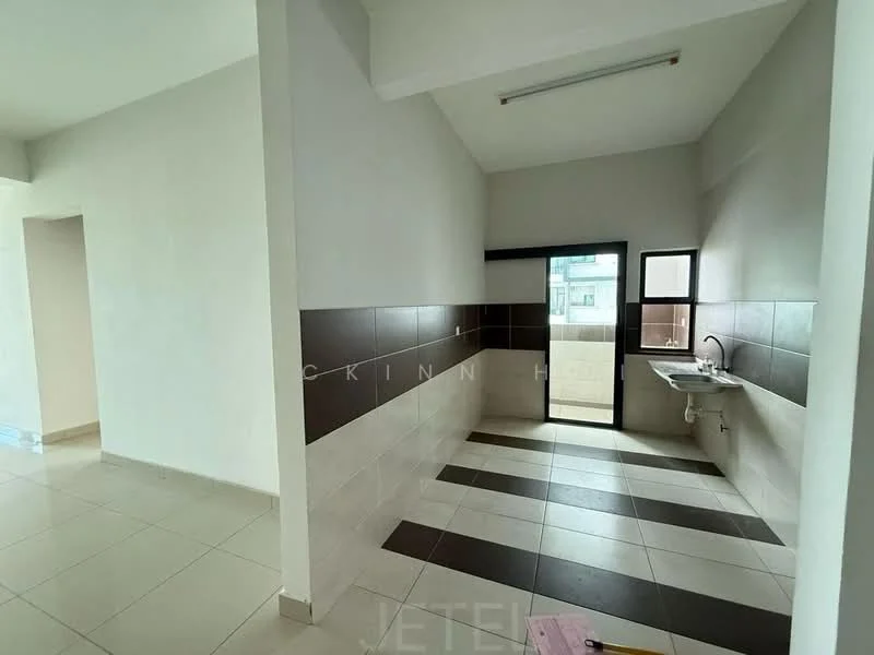 Kitchen features: white painted walls, brown accent wall, ceramic tile flooring, single-bowl stainless-steel sink, chrome pull-down faucet, window with view to outside, countertop, kitchen cabinetry; style: modern.