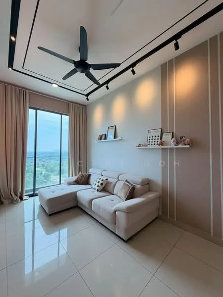 Living features: 5-blade ceiling fan with light, floor-to-ceiling windows, beige sectional sofa, white wall with vertical stripes, light-colored tile flooring, shelves with decorative items, curtains, recessed lighting; style: modern; view: city.
