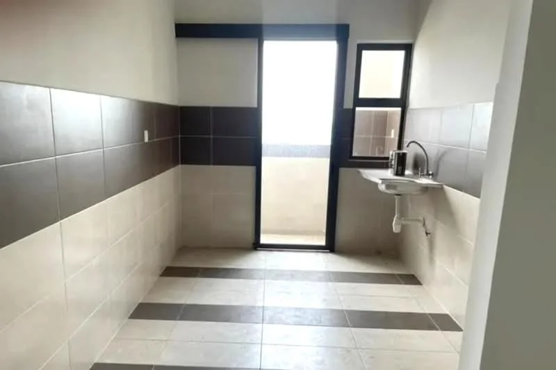 Laundry features: white walls, brown accent wall, tile flooring, sink with faucet, sliding glass door, window, counter space, open layout.