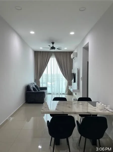 Dining features: marble dining table, 4 black upholstered dining chairs, white painted walls, glossy tile flooring, 5-blade ceiling fan with light, floor-to-ceiling windows with sheer curtains, wall-mounted TV, sofa in grey fabric; style: modern; view: city.