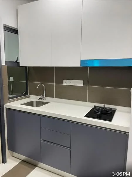 Kitchen features: single-bowl stainless-steel sink, chrome pull-down faucet, grey cabinetry, white upper cabinets, white countertop, built-in gas hob, tile backsplash in brown, wall-mounted electrical outlets, recessed lighting, floor-to-ceiling window, light-colored flooring; style: modern.