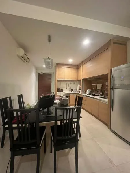 Kitchen features: light-colored cabinetry, stainless-steel fridge, built-in oven, ceramic cooktop, single-bowl stainless-steel sink, chrome pull-down faucet, white walls, recessed downlights, dining table with black chairs, air conditioning unit, countertop with kitchen appliances, tile flooring; style: modern.