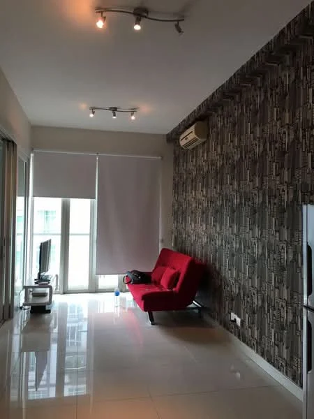 Living features: red fabric sofa bed, wall-mounted TV, white TV console, grey accent wall with textured pattern, white painted walls, glossy tile flooring, recessed ceiling lights, 1 wall-mounted split AC; style: modern.