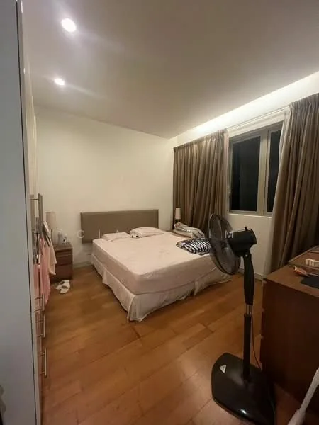 Bedroom features: queen-size bed, upholstered headboard, wooden flooring, floor-to-ceiling window, curtains, ceiling lights, standing fan, wooden dresser, decorative items on dresser; style: modern.