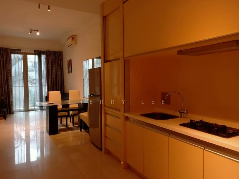 Kitchen features: single-bowl stainless-steel sink, chrome pull-down faucet, granite countertop, built-in oven, 4-burner gas hob, white cabinetry, tile backsplash, recessed downlights, marble tile flooring; style: modern. Dining features: 6-seater dining table, upholstered dining chairs, floor-to-ceiling windows, curtains, marble tile flooring; style: modern.